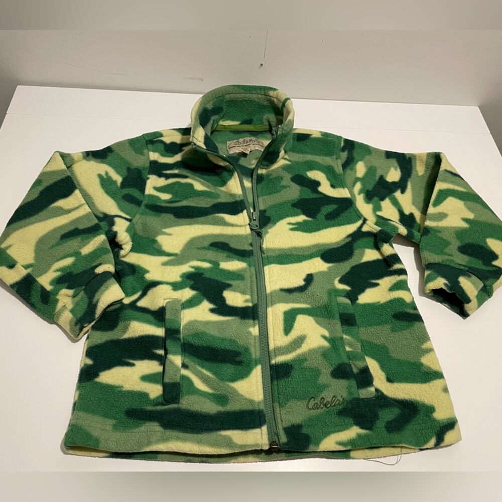 Cabela's Brand Green Camo Fleece Zip Up Jacket Size Youth XS Outdoor Unisex Coat
